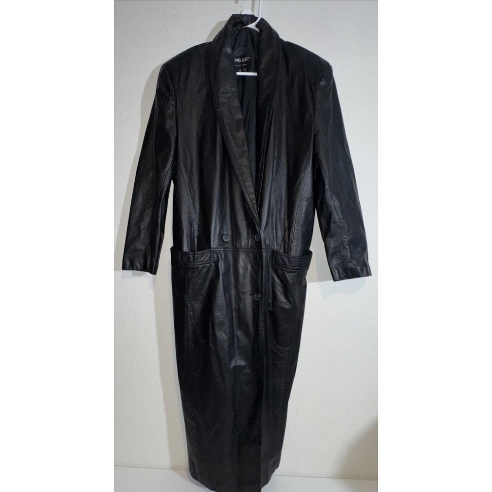 Vintage 80s Pelle Milano New York Black Leather Trench Coat Womens Medium